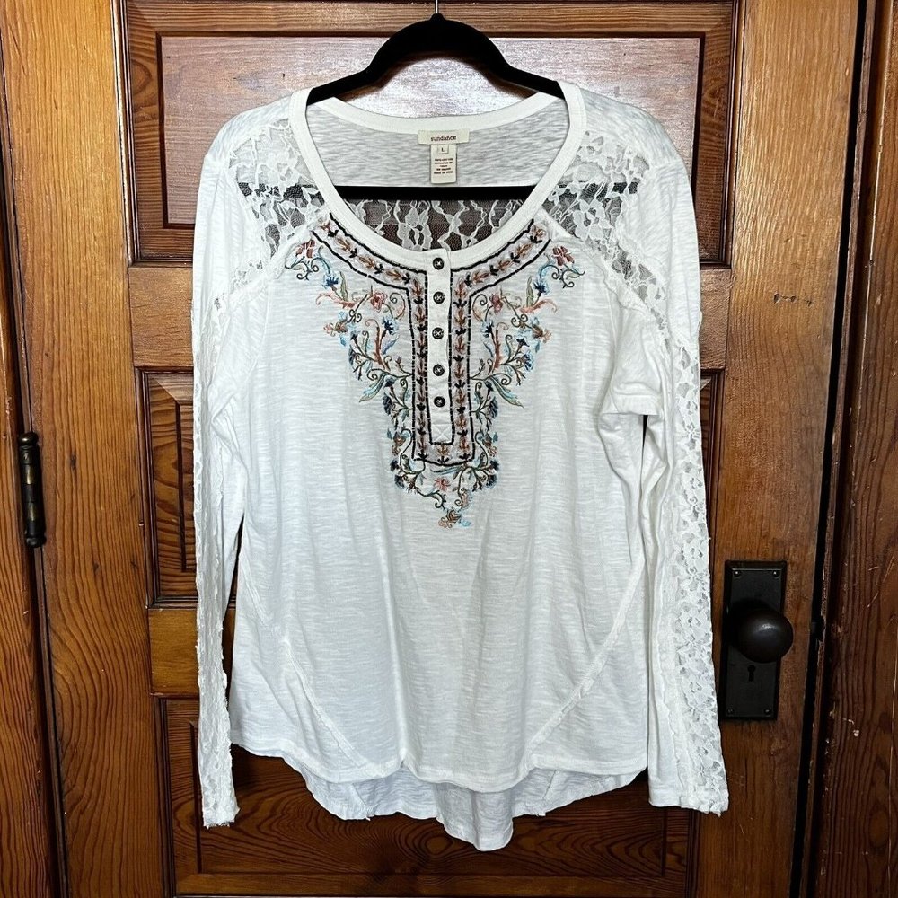 Sundance Womens White Floral Embroidered Long Sleeve Top Size Large Lace Boho